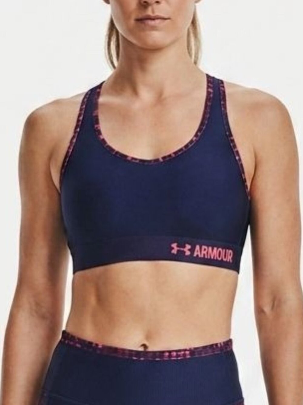 Under Armour Women's Printed Racerback Sports Bra Navy Blue Pink Geometric- size